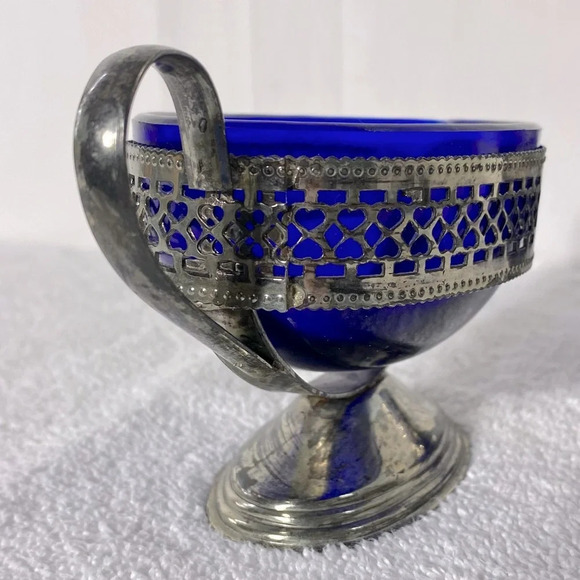 Vintage Silver Tone Pedestal Cobalt  Blue Glass Royal Sapphire Cream & Sugar Set - Picture 9 of 16